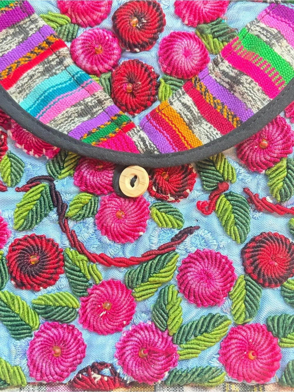 Vintage Guatemala Huipil Boho Shoulder Bag Raised Floral Embroidered Hippie